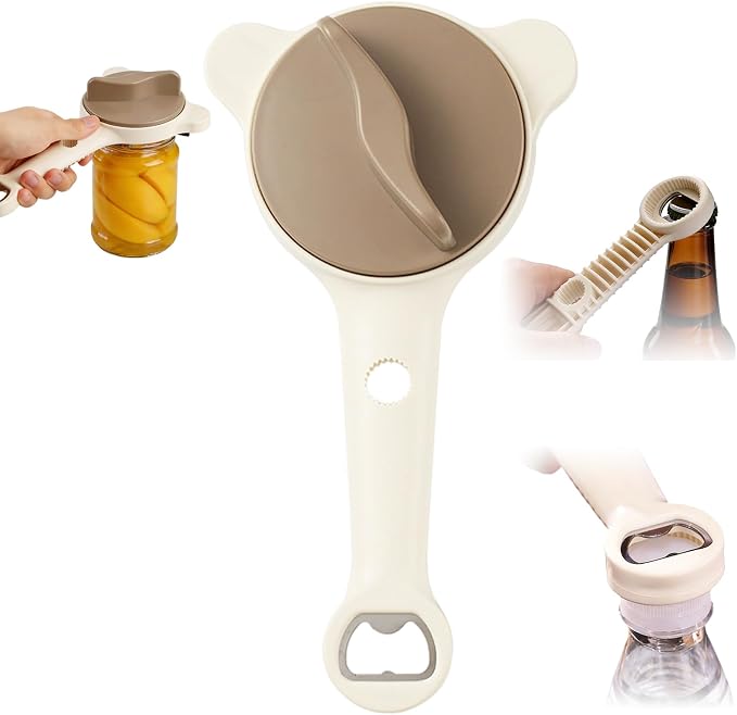 Multi-Functional 4-in-1 Jar & Bottle Opener, Adjustable Grip for Lids 1-3.5 Inches, Magnetic Stainless Steel Can Opener with Ergonomic Handle, Easy Open Kitchen Tool (1-Pack, Beige)