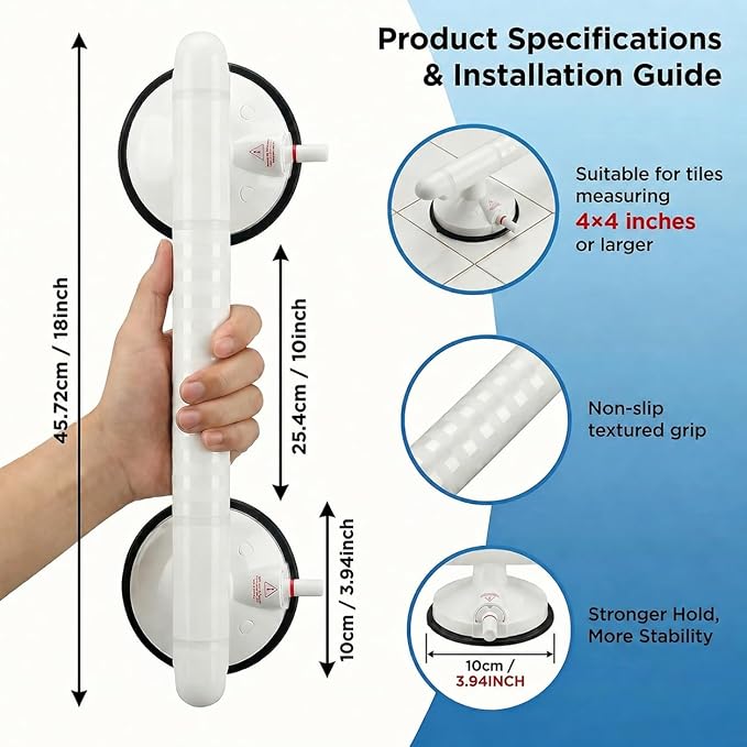 Magicbox Grab Bars for Bathtub and Shower, 2 Pack 18 inch Re-Pressurizable Vacuum Suction Handle with Red Line Indicator, No Drilling Bathroom Grab Bar for Seniors