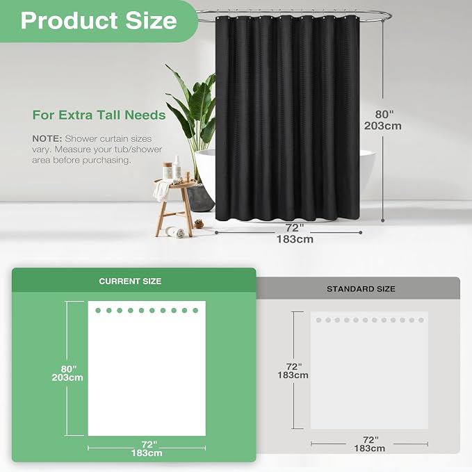 Dynamene Long Black Fabric Shower Curtain - Waffle Textured Tall Heavy Duty Cloth Shower Curtains for Bathroom, 256GSM Large Hotel Spa Luxury Bath Curtain Set with 12 Plastic Hooks(72Wx80H, Black)