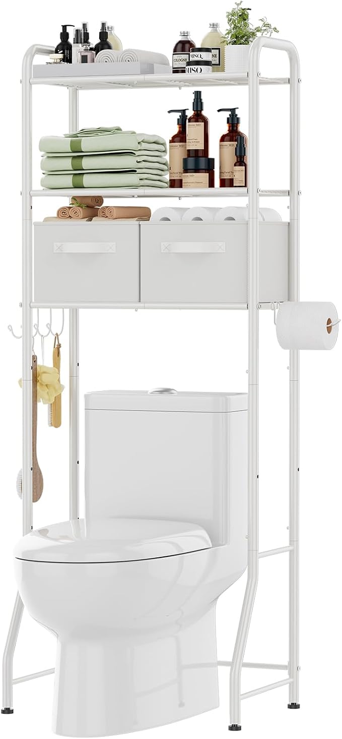Simple Trending Over The Toilet Storage Rack with Drawers, Metal 3 Tier Bathroom Organizer Shelf with Paper Holder and 3 Hooks, White