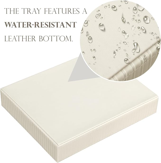 HofferRuffer Faux Leather Vanity Tray, Elegant Desktop Storage Organizer, Decorative Catchall for Perfume, Bathroom Valet, Nightstand or Dresser, 10.2 x 8.4 x 1.8 inches (CreamWhite Stripe)