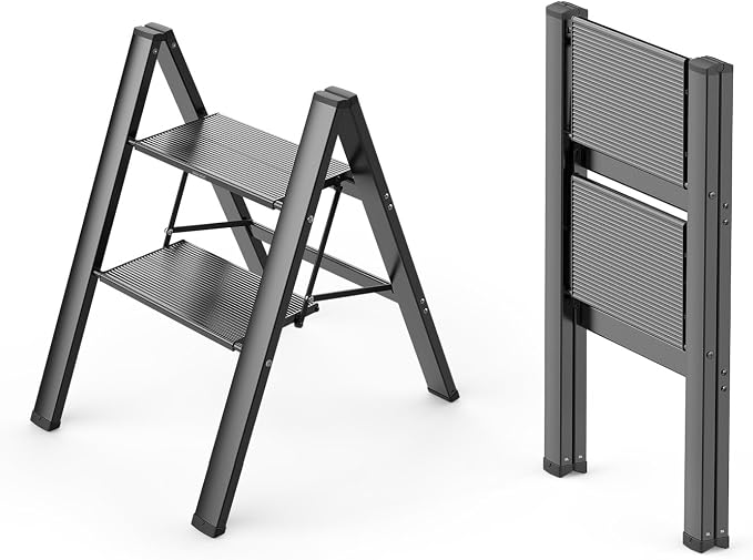 WOA WOA 2 Step Ladder, Foldable Step Stool, Aluminum Lightweight Ladder for Home Kitchen Closet, Anti-Slip Pedals, Ease of Folding, Portable, 300lbs Capacity - Black