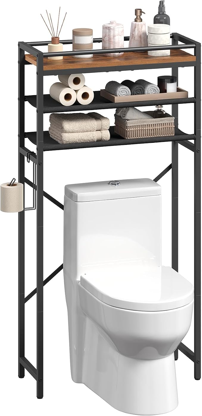 MAHANCRIS Over Toilet Storage, 3-Tier Bathroom Organizer Shelf with Toilet Paper Holder, Freestanding Space Saver Bathroom Shelves Above Toilet for Bathroom, Laundry Room, Rustic Brown TSHR1201
