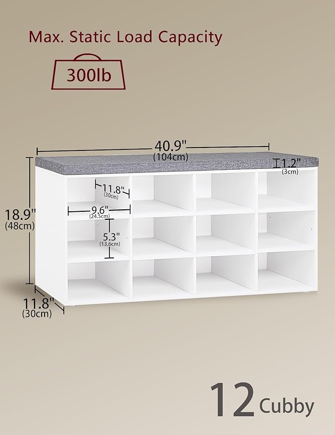 DINZI LVJ Shoe Storage Bench with Cushion, Cubby Shoe Rack with 12 Cubbies, Adjustable Shelves, Multifunctional Shoe Organizer Bench for Entryway, Mudroom, Hallway, Closet and Garage, White