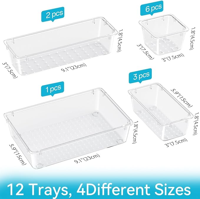 ElegantArray 12 PCS Drawer Organizer Set, 4 Sizes Tool Storage Trays, Clear Plastic Makeup Vanity Organizer and Storage Bins for Makeup, Stationeries, Multiple Gadgets for Bathroom, Office, Bedroom