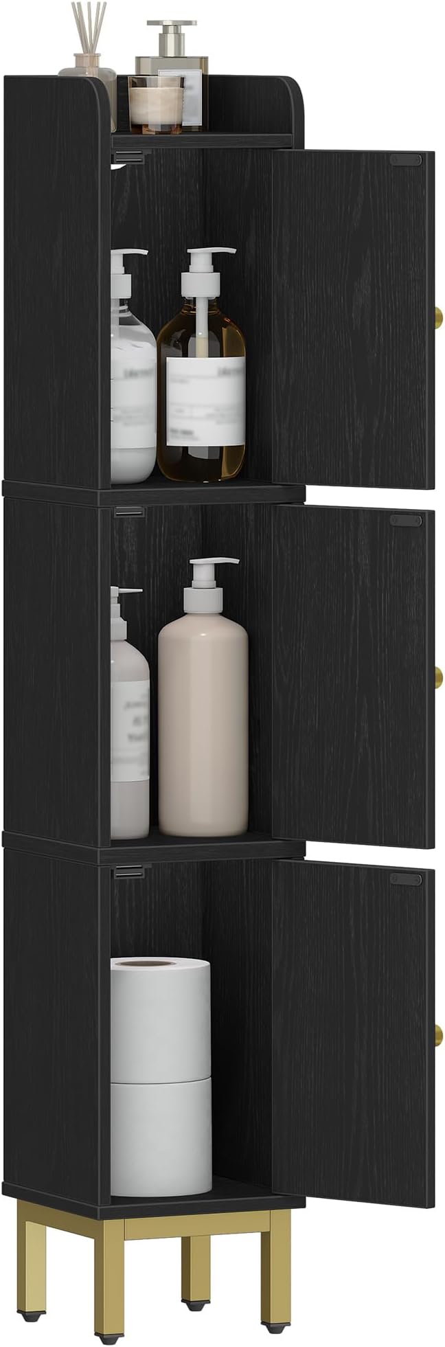 Hzuaneri Slim Bathroom Storage Cabinet, Narrow Bathroom Organizers and Storage with 4 Adjustable Feet, Laundry Room Organization for Small Space, Kitchen, Living Room, 3 Doors Black BC22304G