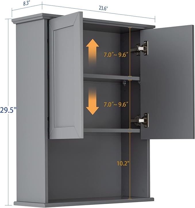 VANIRROR Grey Cabinet Wall Mounted with 2 Doors, Wooden Medicine Cabinet with Adjustable Shelf, 23"x 29" Over Toilet Wall Hanging Cabinets for Bathroom Bedroom, Kitchen, Laundry Room