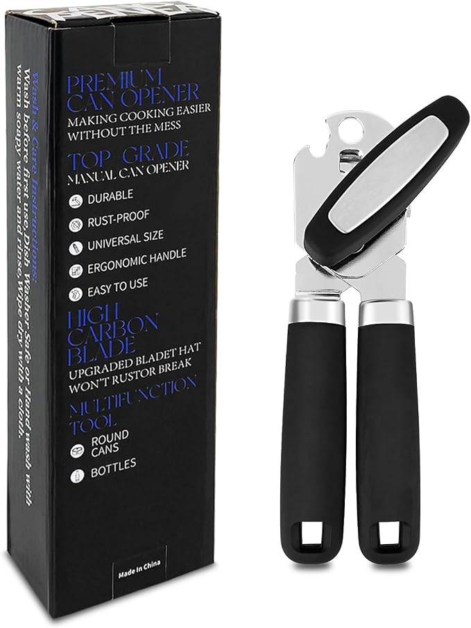 KTOJOY Heavy Duty Stainless Steel Smooth Edge 3-In-1 Multifunctional Manual Strong Can Bottle Opener – Soft-Grip Black