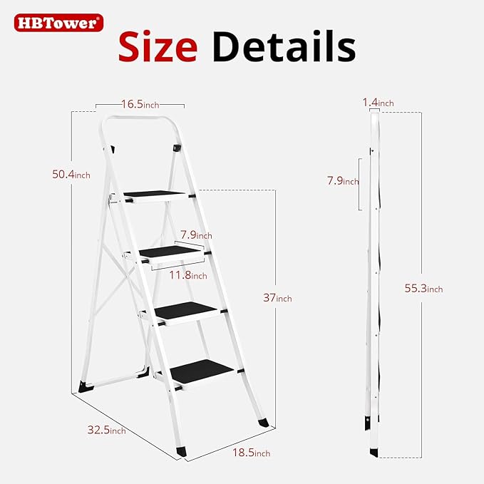 HBTower Step Ladder, Folding Step Stool for Adults with Anti-Slip Pedal, 330 lbs Capacity for Kitchen, Home, White