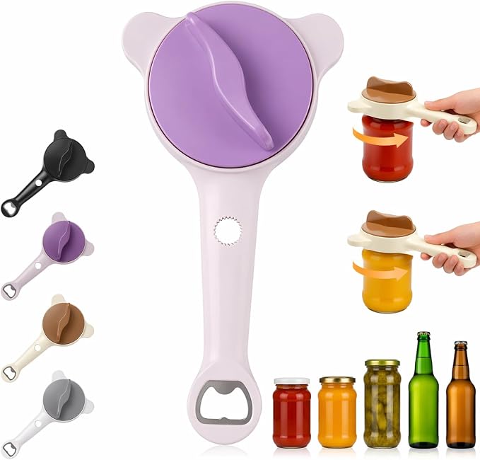 4-in-1 Multi-Purpose Jar Opener – Upgraded Adjustable Three-Claw Bottle Opener with Non-Slip Teeth, Multi-Size Lid Tool for Jars, Cans, Wine Bottles – Essential Kitchen Helper(Purple)