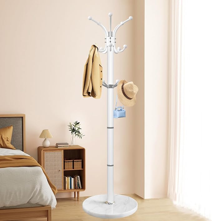 OIRUMIE Coat Rack with Natural Marble Base, Metal Freestanding Coat Racks with 14 Hooks, 360°Rotary Coat Rack Stand for Hanging Scarf, Bag, Jacket, White Coat Clothes Tree Hanger Holder Stand