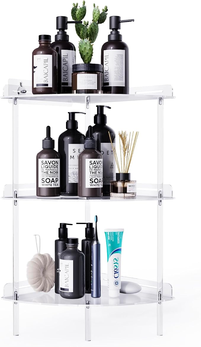 Bakzon Corner Shower Caddy, 3 Tier Acrylic Shower Organizer Corner for Inside Shower, Rustproof Floor Standing Shower Shelves for Bathroom, Clear