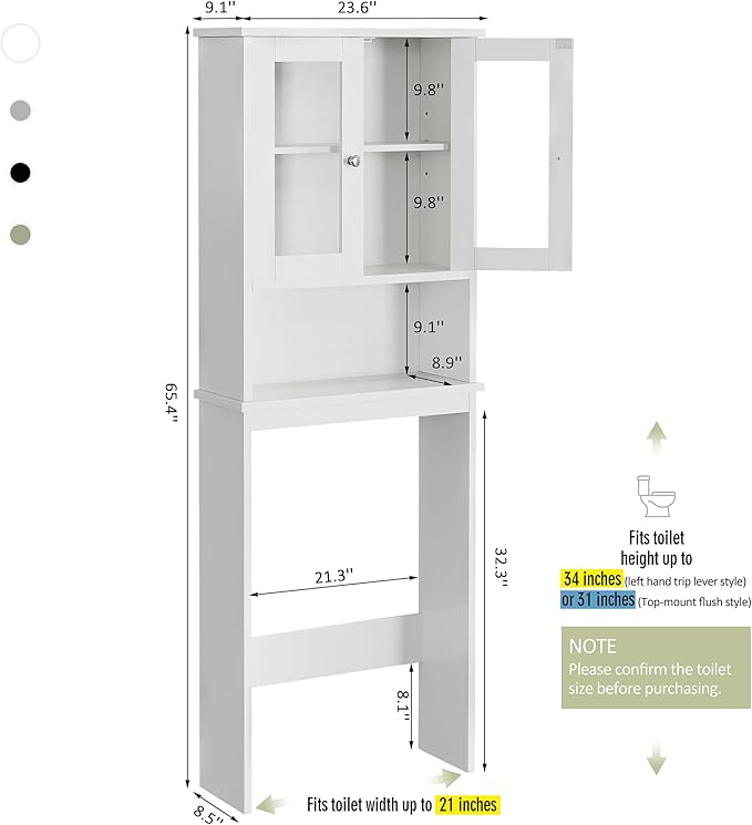 Over The Toilet Storage Cabinet for Bathroom, Storage Organizer Over Toilet, Space Saver with Tempered Glass Doors, White