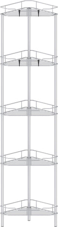 HuggieGems 5 Tier Floor Standing Corner Shower Caddy Organizer Shelf with Hooks, Bathroom Shelves Stand Rack, Silver