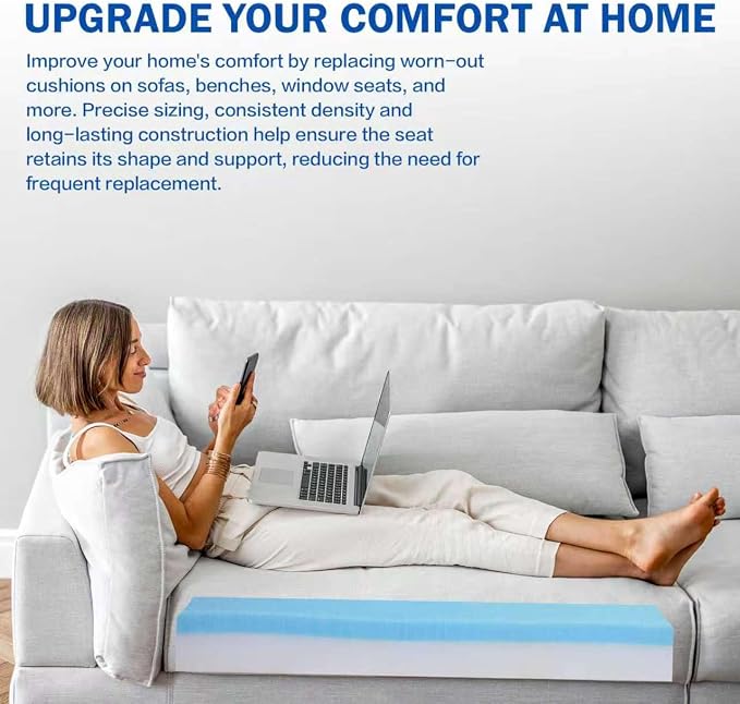 High Density Upholstery Foam Cushion - 1" Thick x 24" x 72", Gel Memory Foam Support Padding for Seat Cushion Replacement, DIY Projects, Sofa Mattress Support