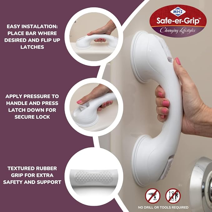Safe-er-Grip Safe-er-Grip Changing Lifestyles Suction Cup Grab Bars for Bathtubs & Showers; Safety Bathroom Assist Handle, White, 12 inches | (Pack of 2)