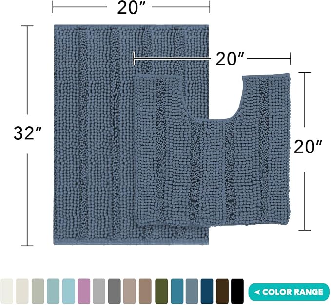 Turquoize Chenille Bathroom Rugs Non-Slip Bath Mats for Bathroom Super Absorbent Shaggy Rugs for Tub Shower Toilet Plush Bath Rug Plus U Shaped Rug (Standard: 20" x 32" and 20" x 20" U), Blue Indigo