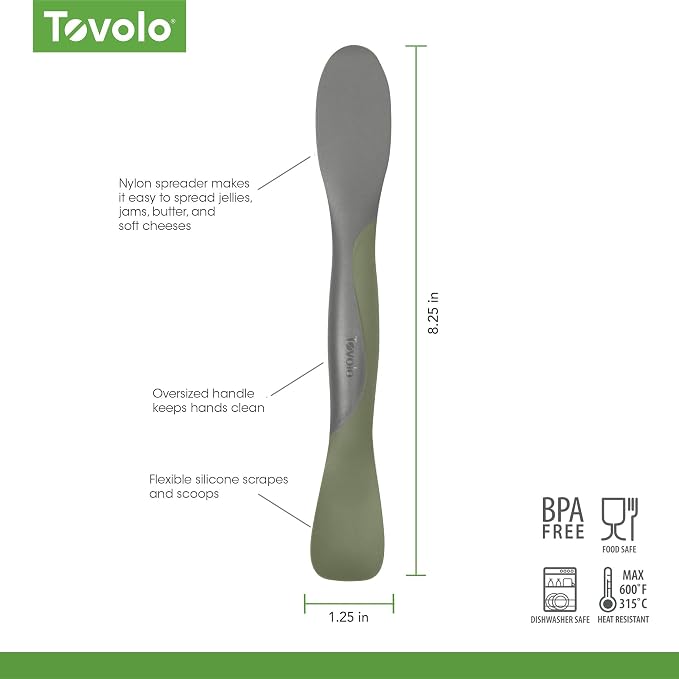 Tovolo Mini Scoop and Spread Tool for Kitchen Meal Prep Small Sandwich Spreader Spatula for Peanut Butter Jelly, Silicone BPA Free Dishwasher Safe Scooper Spreader, Thyme Green and Charcoal Gray