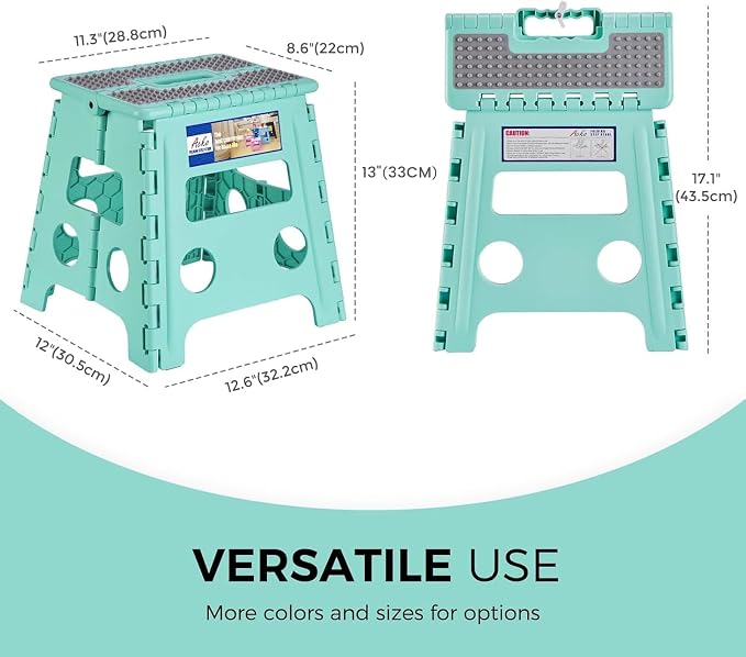 ACKO Folding Step Stool 13 Inch Stool Heavy Duty Plastic Foldable Step Stools for Kids, Stepping Stool with Handle, Suitable for Kitchen Hold Up to 300 LB (Teal 1PC)