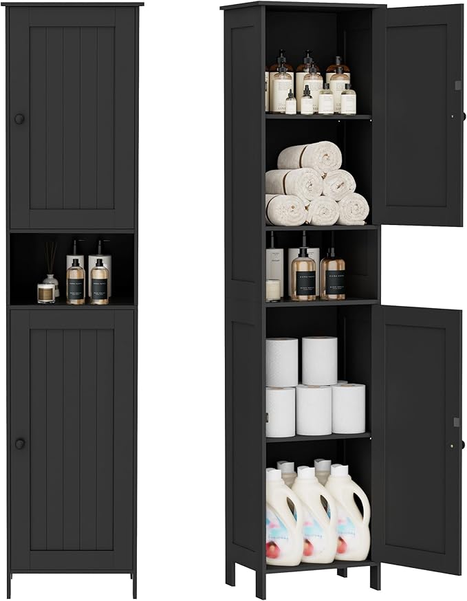 Homleke Tall Bathroom Storage Cabinet with 2 Doors, 67"H Narrow Storage Cabinet with Adjustable Shelves& Anti-Tip Design, Reversible Door Installation, Easy Assembly, 11.8 x 15.7 x 66.9 Inches, Black