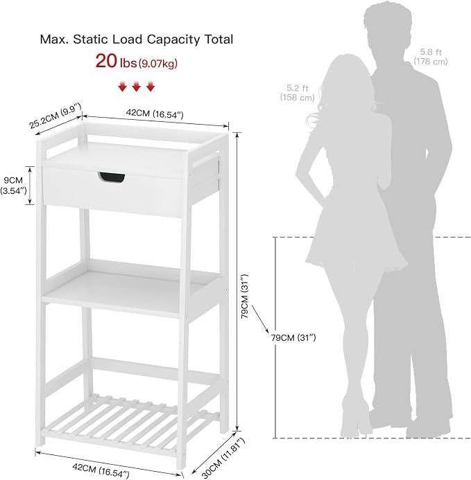POXAKA 3 Tier Bamboo Bathroom Shelves with Drawer, Ladder Shelf for Bathroom Storage, Space-Saving Design, Stylish Display Nightstand, Stylish Storage Solution for Home, Living Room, Kitchen, Office