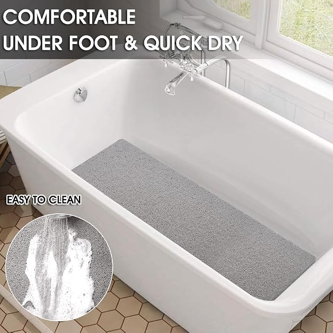 Shower Mat Non Slip 40.2 x16.1 Inch, Loofah Shower Mat Anti Slip Tub Mat Without Suction Cups, Shower Floor Mat for Wet Area, Quick Drying, Grey