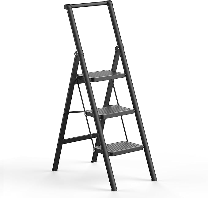 SOLADDER 3 Step Ladder, Slim Folding Steps Stool with Handrail, Iron Foldable Black Ladder with Anti-Slip Wide Pedal, for Home, Kitchen, Office, Garage Use (300 lbs Capacity)