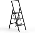 SOLADDER 3 Step Ladder, Slim Folding Steps Stool with Handrail, Iron Foldable Black Ladder with Anti-Slip Wide Pedal, for Home, Kitchen, Office, Garage Use (300 lbs Capacity)