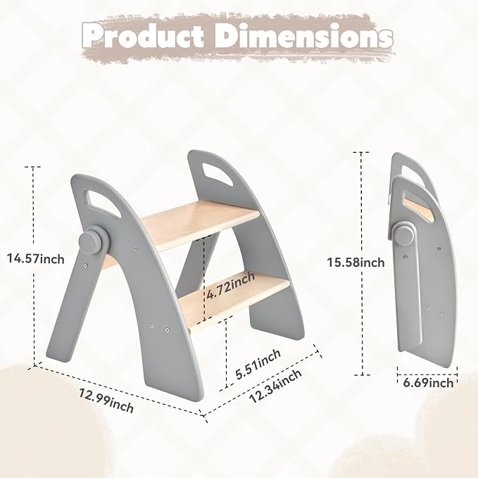 Wooden 2 Step Stool for Kids Bathroom Sink Foldable Anti-Slip 2-Step for Toilet Potty Training, Child Stepping Stool for Kitchen Nursery Bedroom, Sturdy Non Slip Adult Stool for Closet Grey
