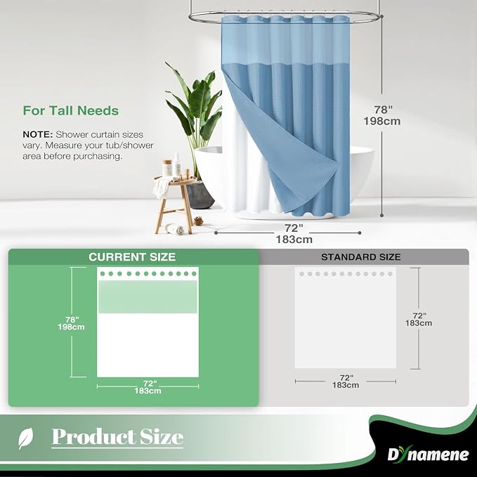 Dynamene 78 Inch Long Shower Curtain, Tall Waffle Fabric Shower Curtains for Bathroom, Hotel Waterproof Cloth Shower Curtain Liner Set with Hooks, Snap in Liner, Mesh Top Window, Moonlight Blue, 72x78