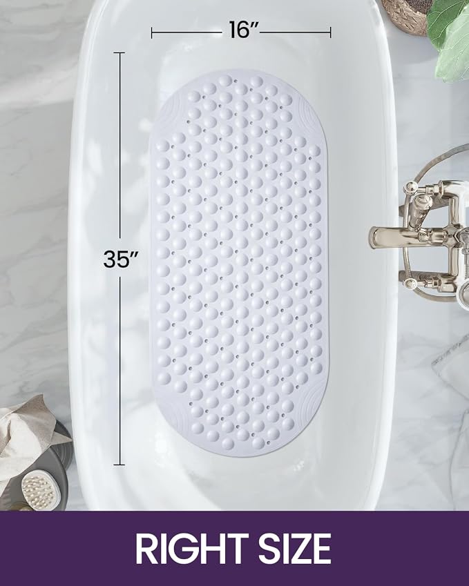 DEXI Bathtub Mat Non Slip 16x35, Shower Floor Mats for Bathroom Bath Tub, Washable Oval Bathmat with Suction Cups and Drain Holes, Clear