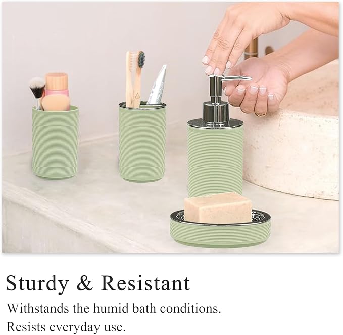 CERBIOR Bathroom Accessories Set Bath Ensemble Includes Soap Dispenser, Toothbrush Holder, Toothbrush Cup, Soap Dish for Decorative Countertop and Housewarming Gift (Apple Green)