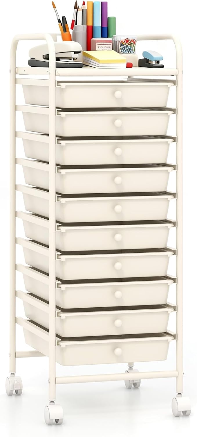 10-Drawer Rolling Storage Cart, Trolley w/Lockable 360° Wheels, 10 Removable PP Drawers, Sturdy Metal Frame, Rolling Utility Cart Perfect for Home, Office, Classroom (Ivory)