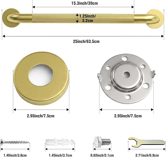 24 Inch Gold Grab Bars for Shower 2 Pack,1.25'' Diameter Heavy Duty Stainless Steel Anti-Slip Bathroom Safety Handicap Grab Bar for Shower, Bathtub & Toilet, Wall Mounted, Supports 500lbs
