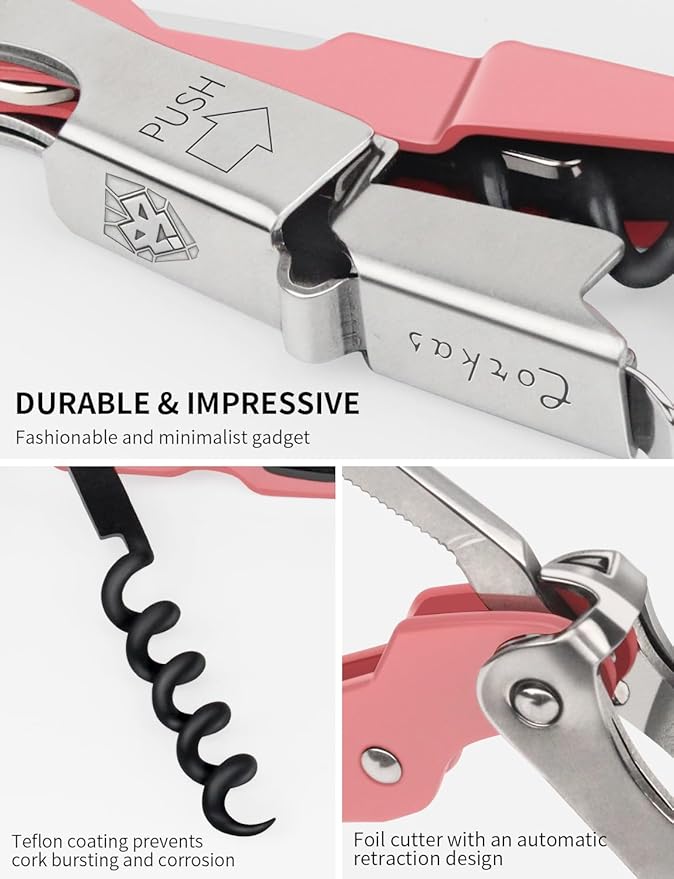 CORKAS Wine Key - Professional Handcrafted Heavy Duty Waiter Corkscrew, Compact Wine Opener with Double Hinged, Foil Cutter and Bottle Opener, Gifts for Servers, Sommelier, Bartenders - Pink