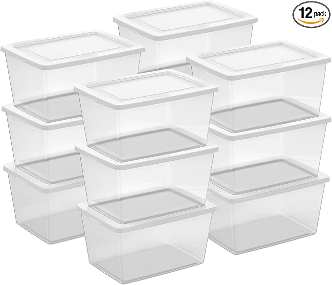 Sterilite 12-Pack Clear Storage Box, Stackable Container Bins with Lids, 58 Qt, White – Large Plastic Containers for Home, Closet, Bathroom, Classroom, and Office Organization