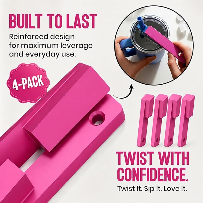 4 Pack - Easy Grip Bottle Cap Opener – Ergonomic Lid Turner for Stanley, Hydrojug, & Owala Tumblers – Easy Grip Assisted Bottle Opener for Weak Hands – 20oz, 32oz, 40oz - Pink