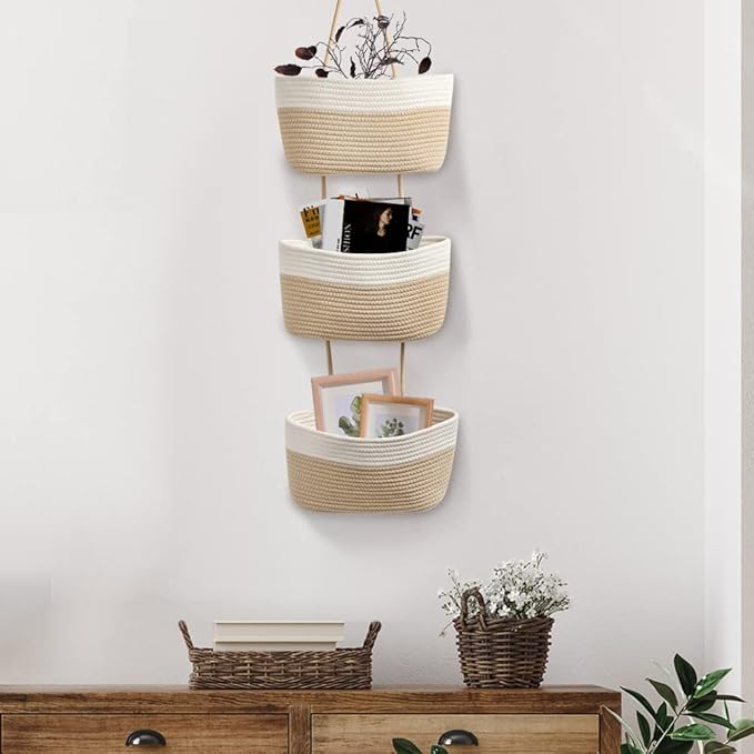 TeoKJ Over the Door Hanging Basket, 3-Tier Woven Cotton Wall-Mounted Storage Organizer Bag Decorative Hanging Nursery Baskets, White & Jute