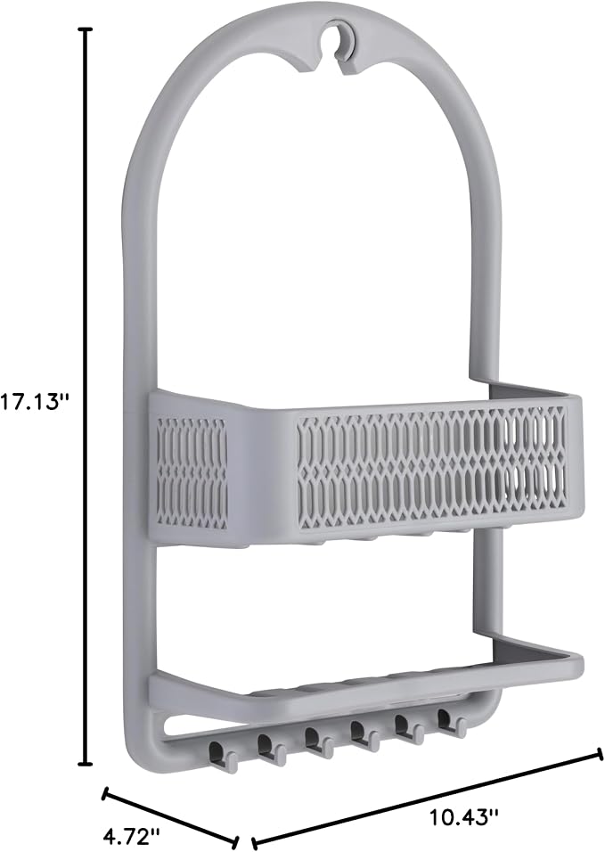 Bath Bliss Molded Shower Caddy | Bathroom Storage | Hangs Over Shower Head | 6 Accessory Hooks | Holds Razors | Washcloths | Accessories | Suction Cup Stability | Grey