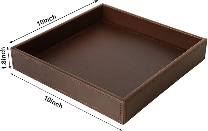 HofferRuffer Faux Leather Vanity Tray, Elegant Desktop Storage Organizer, Decorative Catchall for Perfume, Bathroom Valet, Nightstand or Dresser, 10 x 10 x 1.8 inches (Brown)