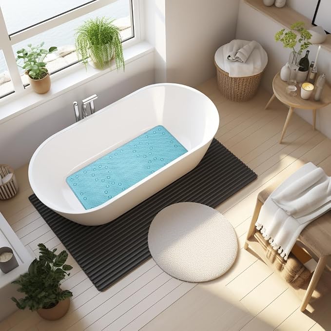 Bathtub Mat Non Slip Blue 36” X 17” Shower Mat Soft Foam Bath Mats for Bathroom Tub, Bathtub Mat with Drain Holes, Suction Cups, Shower Mat Non Slip