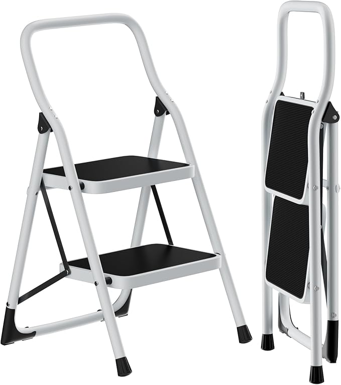 SOLADDER 2 Step Stool, Folding Step Ladder with Wide Anti-Slip Pedal & Safety Lock, Step Stool for Kitchen, Bathroom, Office, 300lbs Capacity