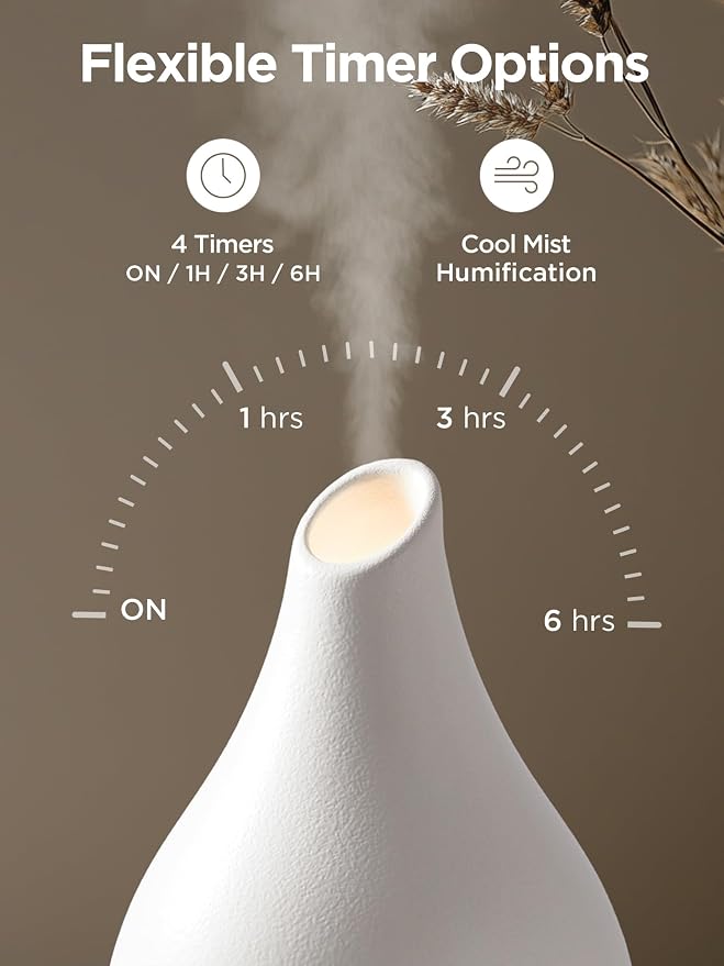 InnoGear Essential Oil Diffuser, 300ml Ceramic Diffuser for Home Handcrafted Stone Aromatherapy Diffusers Ultrasonic Cool Mist Humidifier Vaporizer 4 Timers, White Vase-Shaped Ceramic, Large