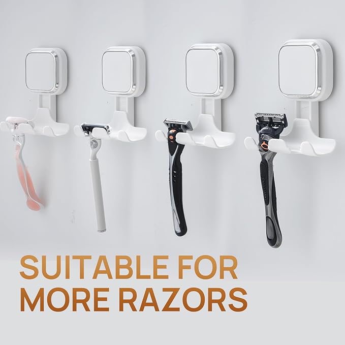 LEVERLOC Vacuum Suction Cup Razor Holder for Shower 2 Pack, Heavy Duty Shower Hooks for Towel, Loofah, Razor, Cell Phone, Damage-Free Hanging Plated Suction Cup Hooks, Easy to Install and Reuse, White