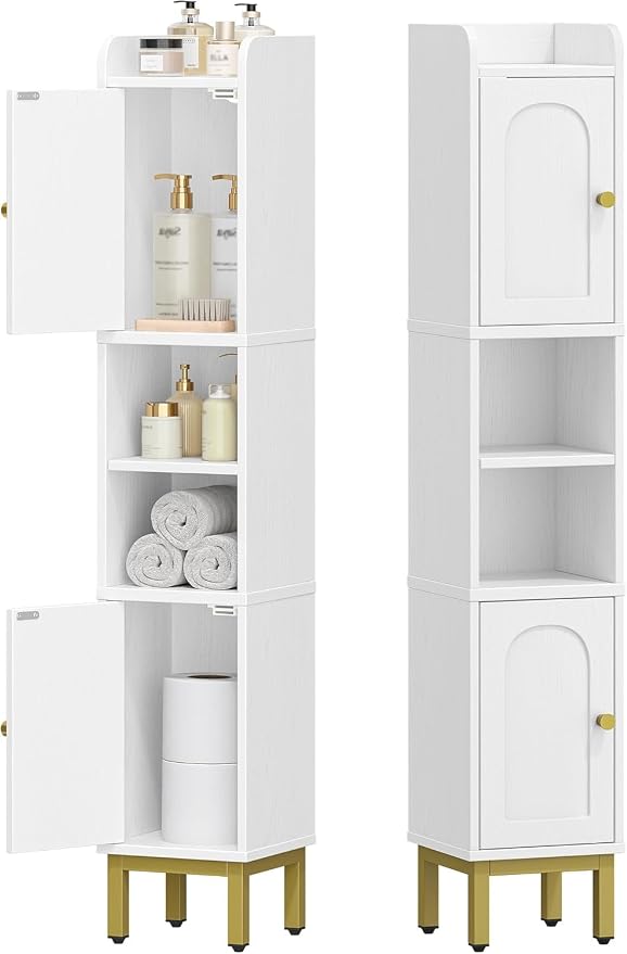 Hzuaneri Slim Bathroom Storage Cabinet, Narrow Bathroom Organizers and Storage with 4 Adjustable Feet, Laundry Room Organization for Small Space, Kitchen, Living Room, 2 Doors White BC22413G