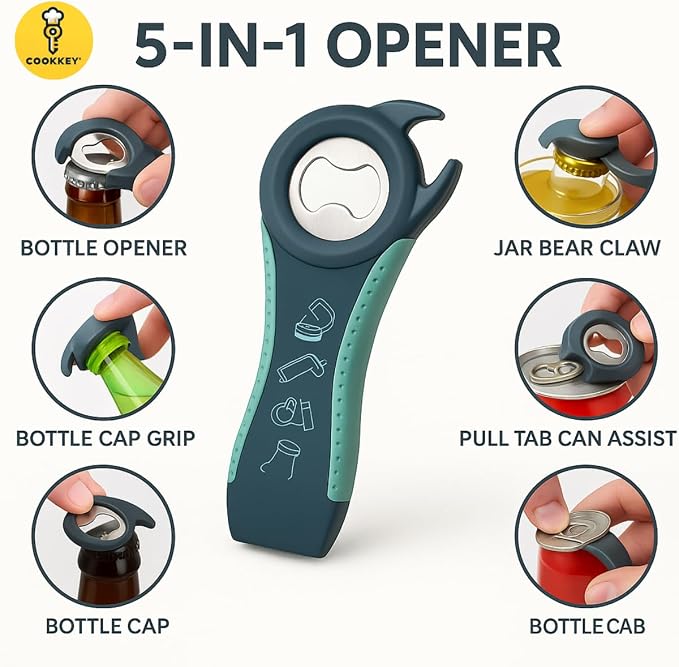 5-in-1 Jar Opener & Bottle Opener Set for Weak Hands – Easy Grip Lid Opener for Seniors and Arthritis, Multi-Function Kitchen Tool with Non-Slip Gripper Pads - COOKKEY