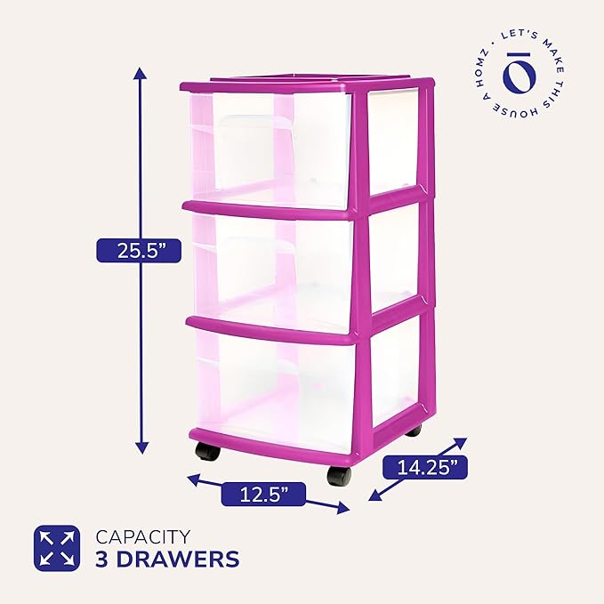 HOMZ Drawer Tower, 3-Tier Clear Plastic Storage Organizer Cart, Purple Frame - Rolling Drawer Containers with Wheels for Bathroom, Bedroom, Office, and Classroom Organization