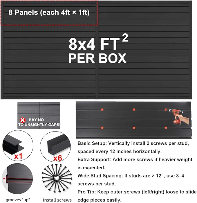FRAYSCENT Slat Wall Paneling Garage Wall Organizer, Slatwall Panels Garage Tool Organizer Wall Mount Garage Slat Wall Storage Systems, Slat Board PVC Wall Panels Garage Storage (Black, 8ftx4ft)