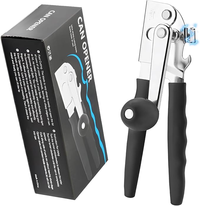Commercial Can Opener,Stainless Steel Heavy Duty Hand Crank Manual Can Openers with Comfortable Extra-long Handles,Ergonomic Design,Black