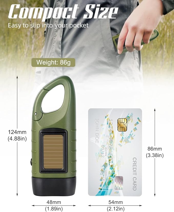 SEANCHEER Hand Crank Solar Powered Flashlights,Compact Emergency Rechargeable LED Flashlight Handheld Survival Flashlight,Quick Snap Carbiner Dynamo Flashlight for Outdoor,Sports,Hiking-2 Packs Green